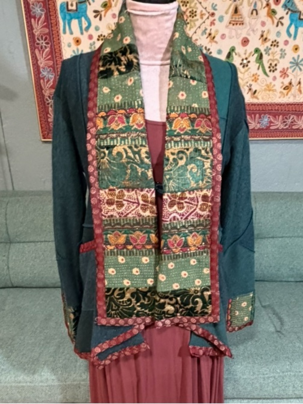 Serrahna Green Blazer with Multicolor embroidered brocade collar & Trim Small